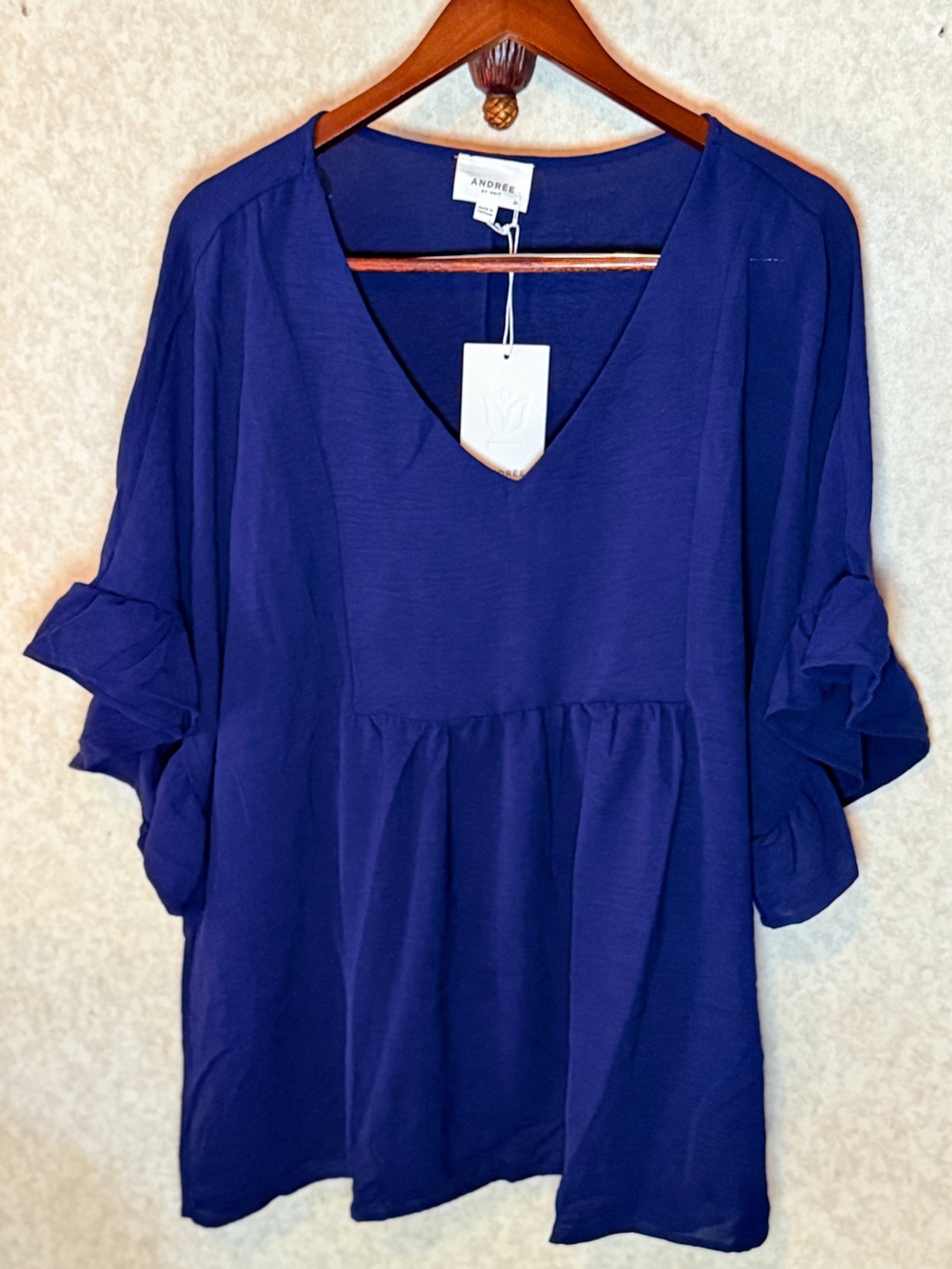 Andree by Unit 1X Navy Blue V Neck Ruffle Sleeve Babydoll Blouse Preppy NWT - Picture 2 of 7